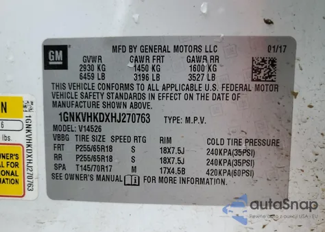 2017 Chevrolet Traverse Lt z USA, uszkodzony, nr VIN 1GNKVHKDXHJ270763